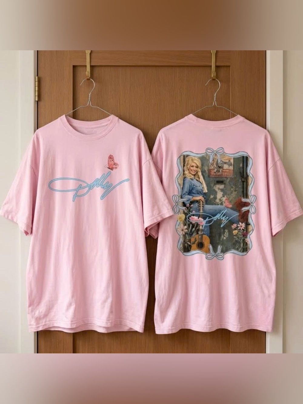 Vintage Dolly Parton Inspired Pink Country Music Graphic Tee Butterfly Guitar